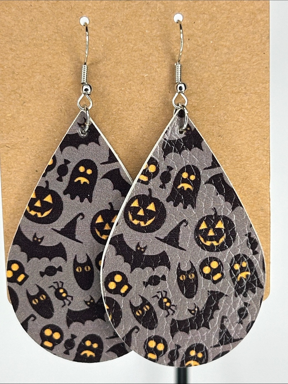 Faux Leather Dangle Earrings Halloween Pumpkin Bats